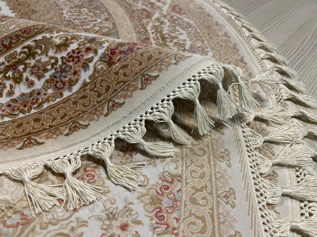 5x5 ft Round Bamboo Silk Rug, Floral Medallion Rug, Ivory Beige Turkish Area Carpet