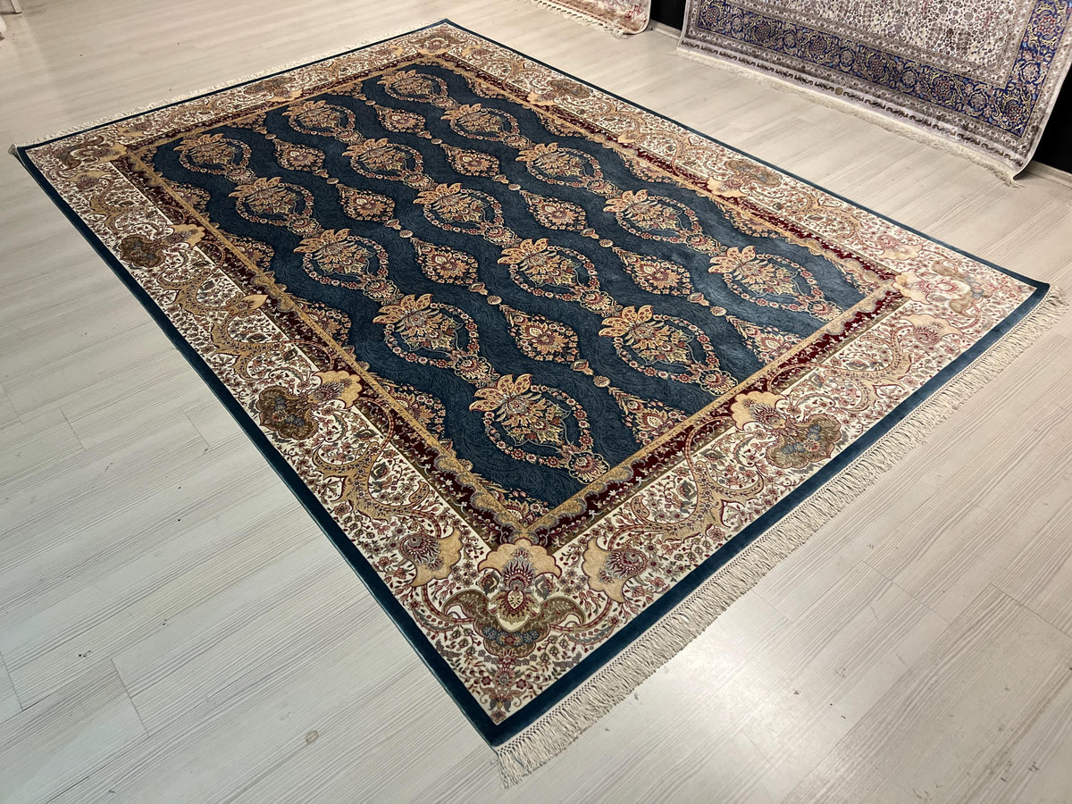 7x10 ft Blue Gold Medallion Modal Silk Rug, Turkish Anatolian Style