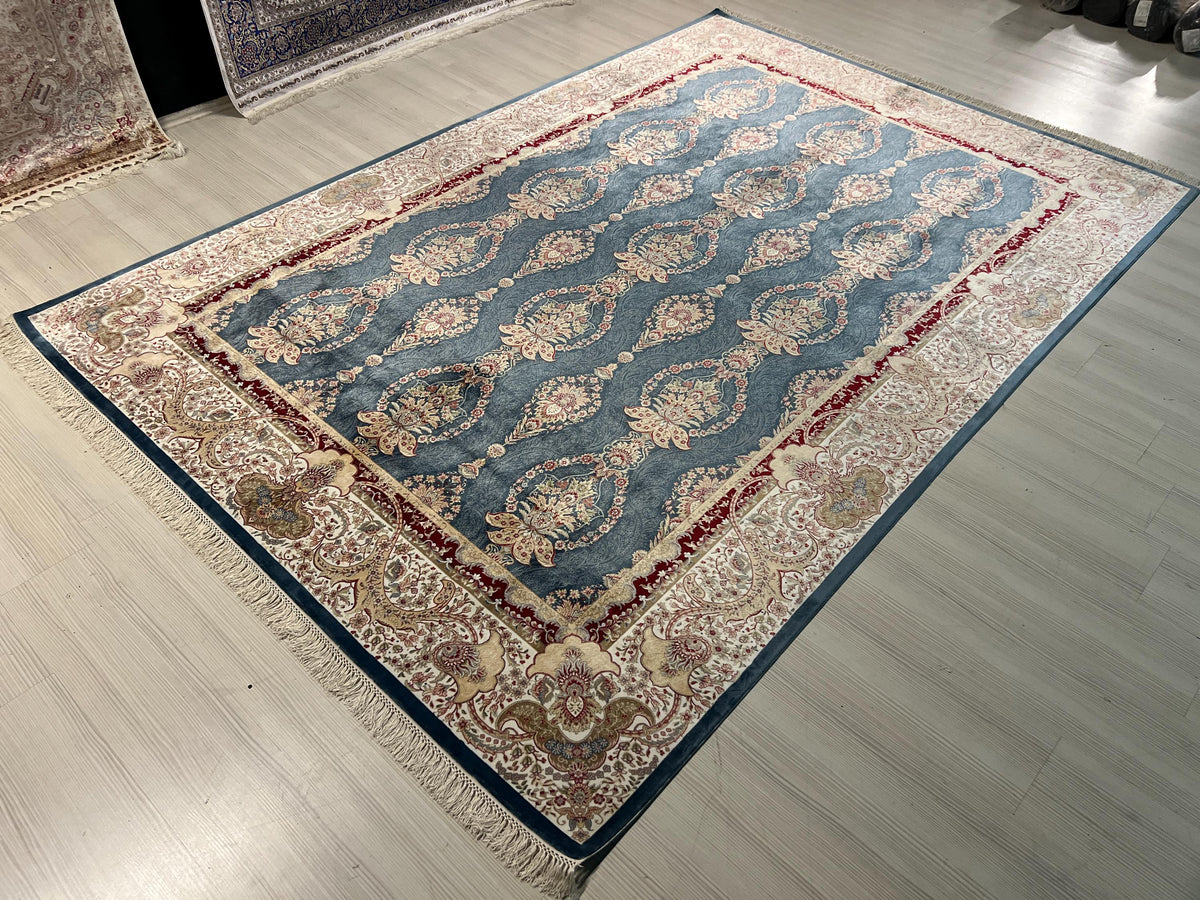 7x10 ft Blue Gold Medallion Modal Silk Rug, Turkish Anatolian Style