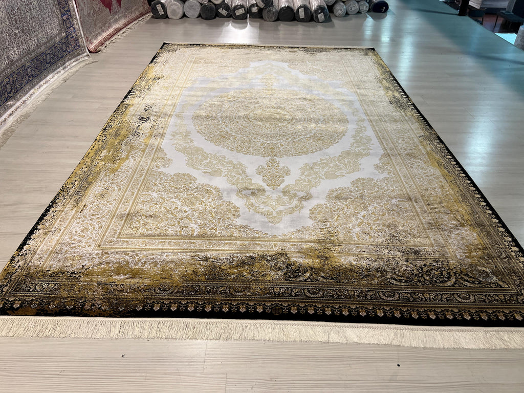 7x10 ft Gold Medallion Modal Silk Rug, Turkish Area Rug, Luxury Living Room Carpet