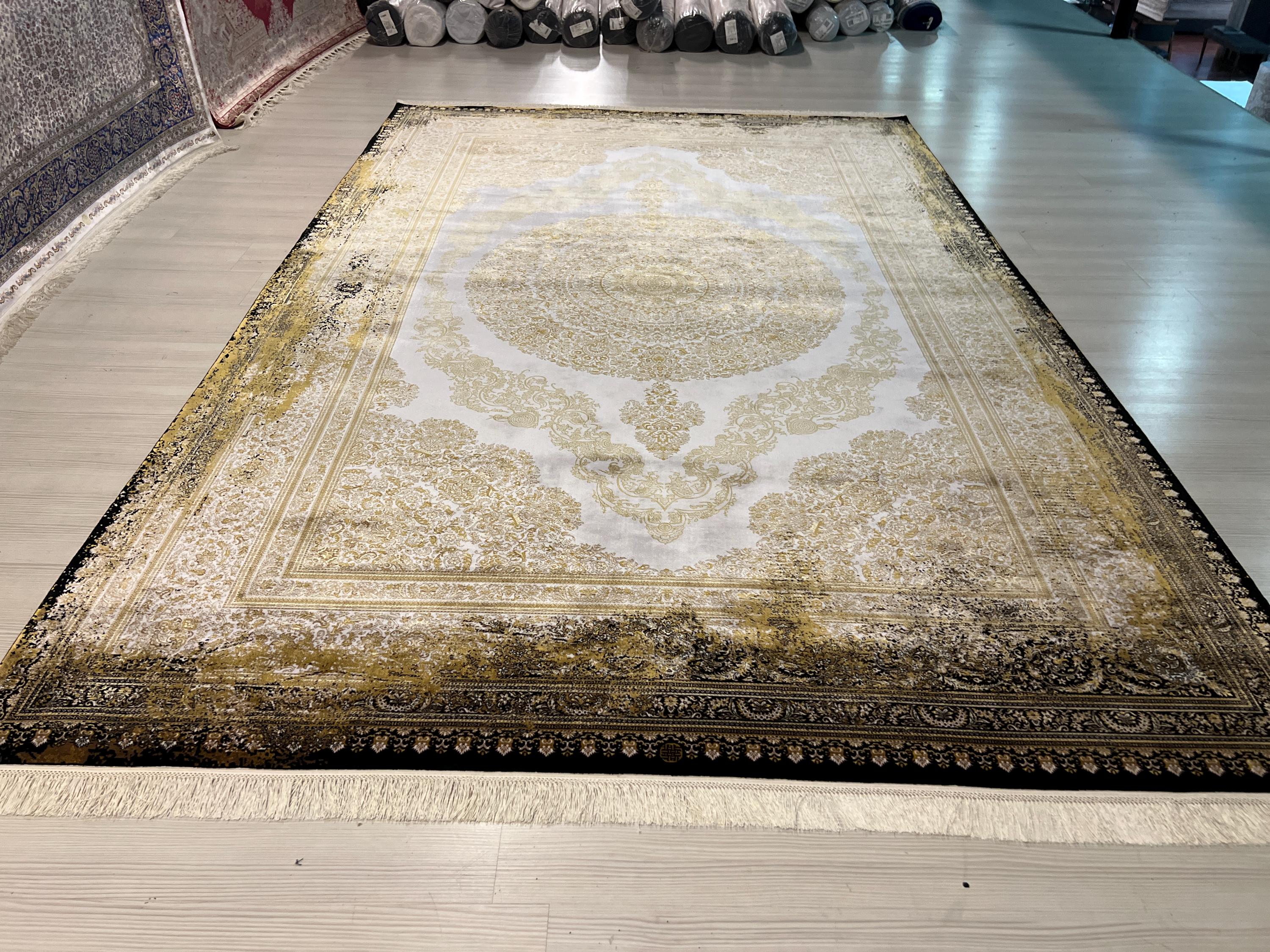 7x10 ft Gold Medallion Modal Silk Rug, Turkish Area Rug, Luxury Living Room Carpet
