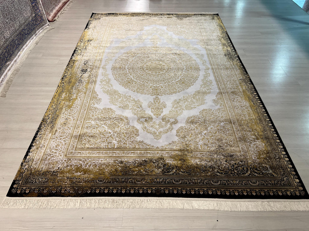 7x10 ft Gold Medallion Modal Silk Rug, Turkish Area Rug, Luxury Living Room Carpet