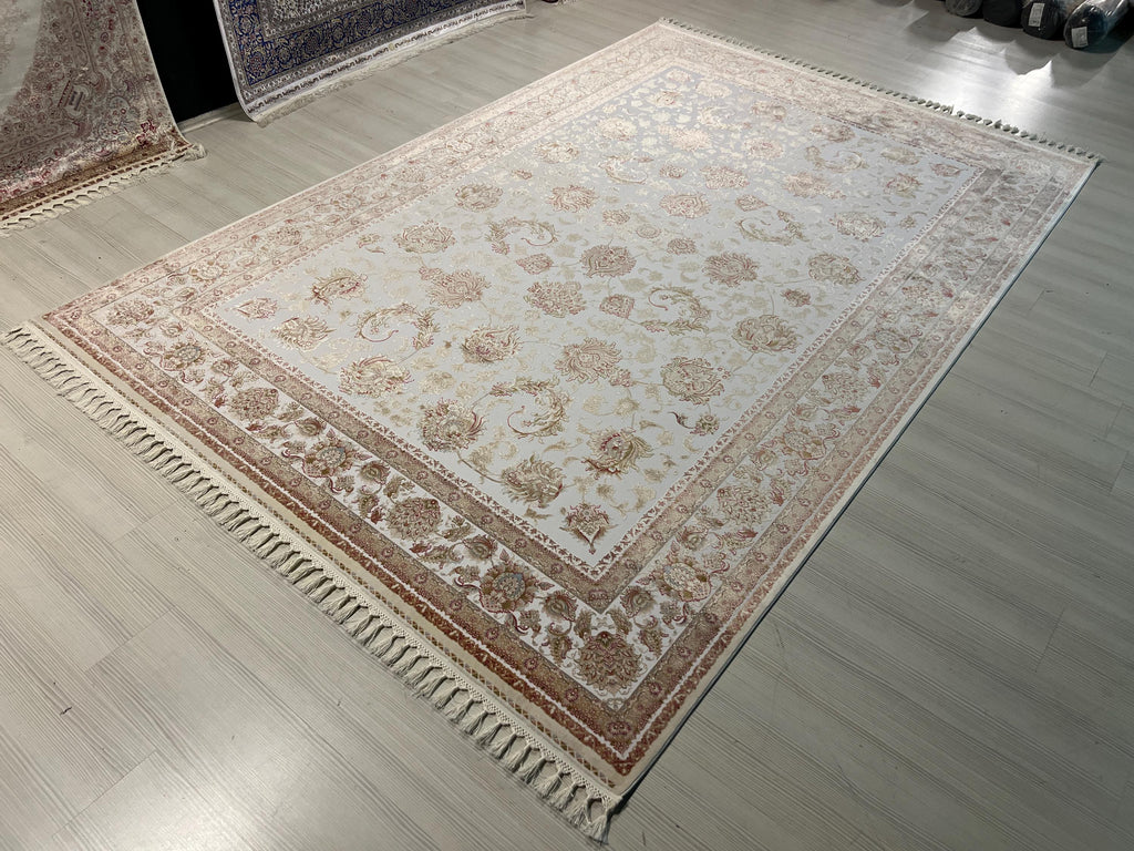 7x10 Beige Floral Modal Silk Turkish Rug, Classic Oriental Area Rug for Living Room