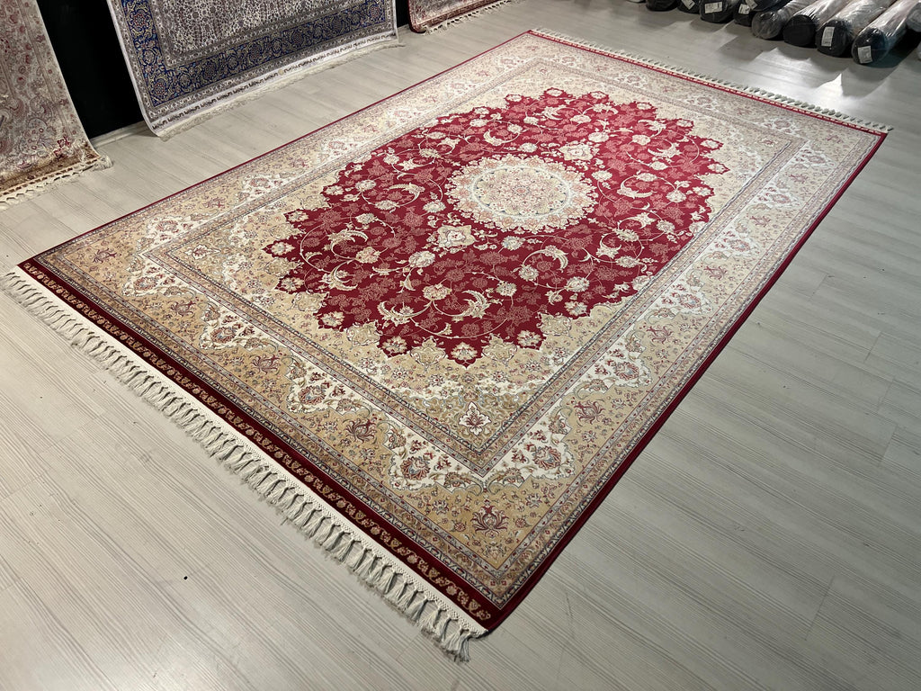 7x10 ft Burgundy Floral Medallion Bamboo Silk Rug, Traditional Living Room Area Rug