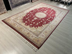 7x10 ft Burgundy Floral Medallion Bamboo Silk Rug, Traditional Living Room Area Rug