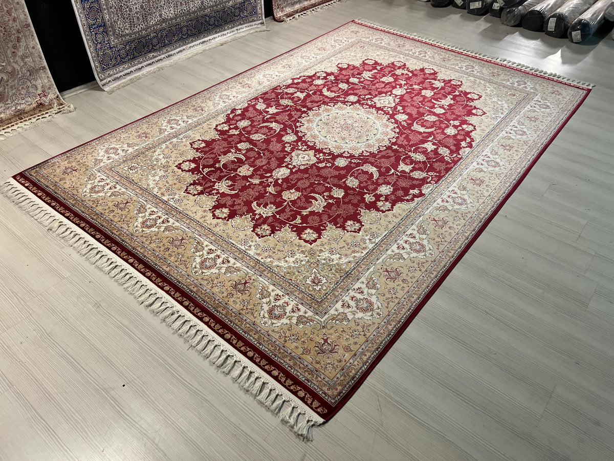7x10 ft Burgundy Floral Medallion Bamboo Silk Rug, Traditional Living Room Area Rug