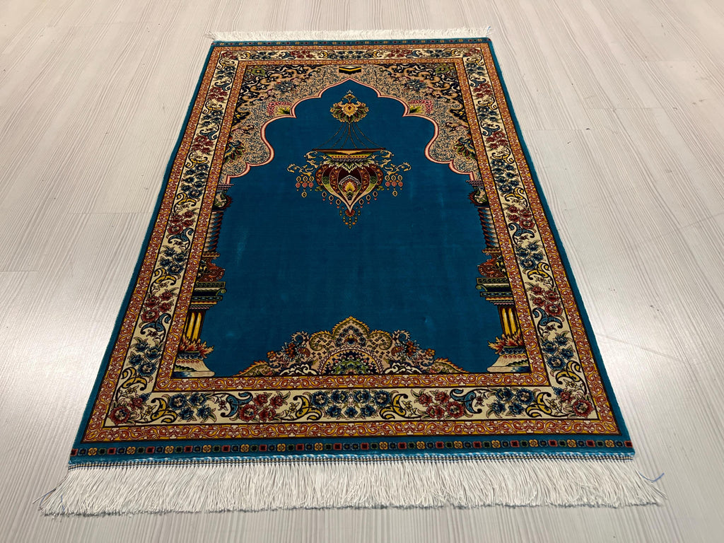 Turquoise Muslim Prayer Rug, Modal Silk Sajjadah, Ottoman Mihrab Prayer Mat