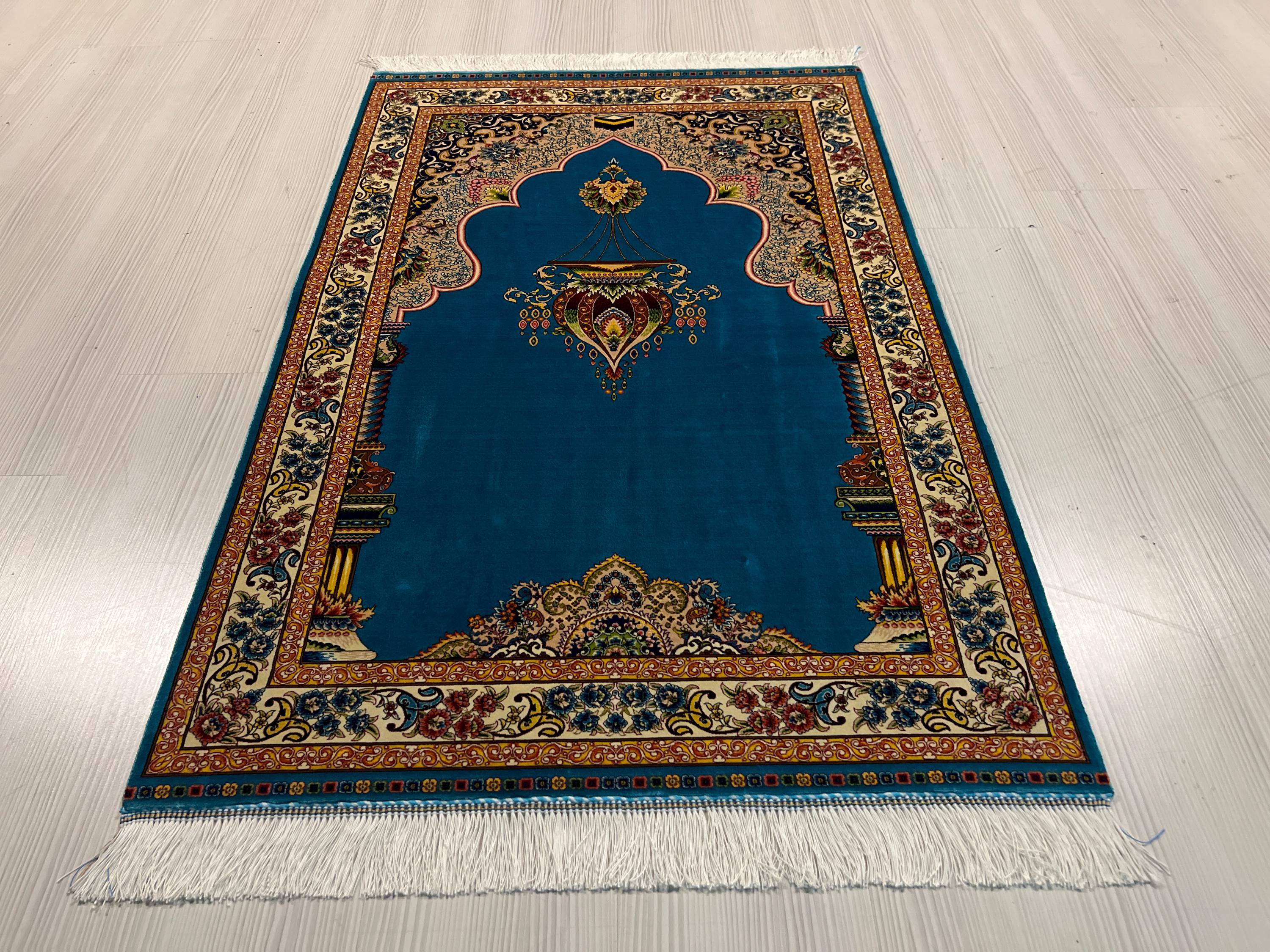 Turquoise Muslim Prayer Rug, Modal Silk Sajjadah, Ottoman Mihrab Prayer Mat