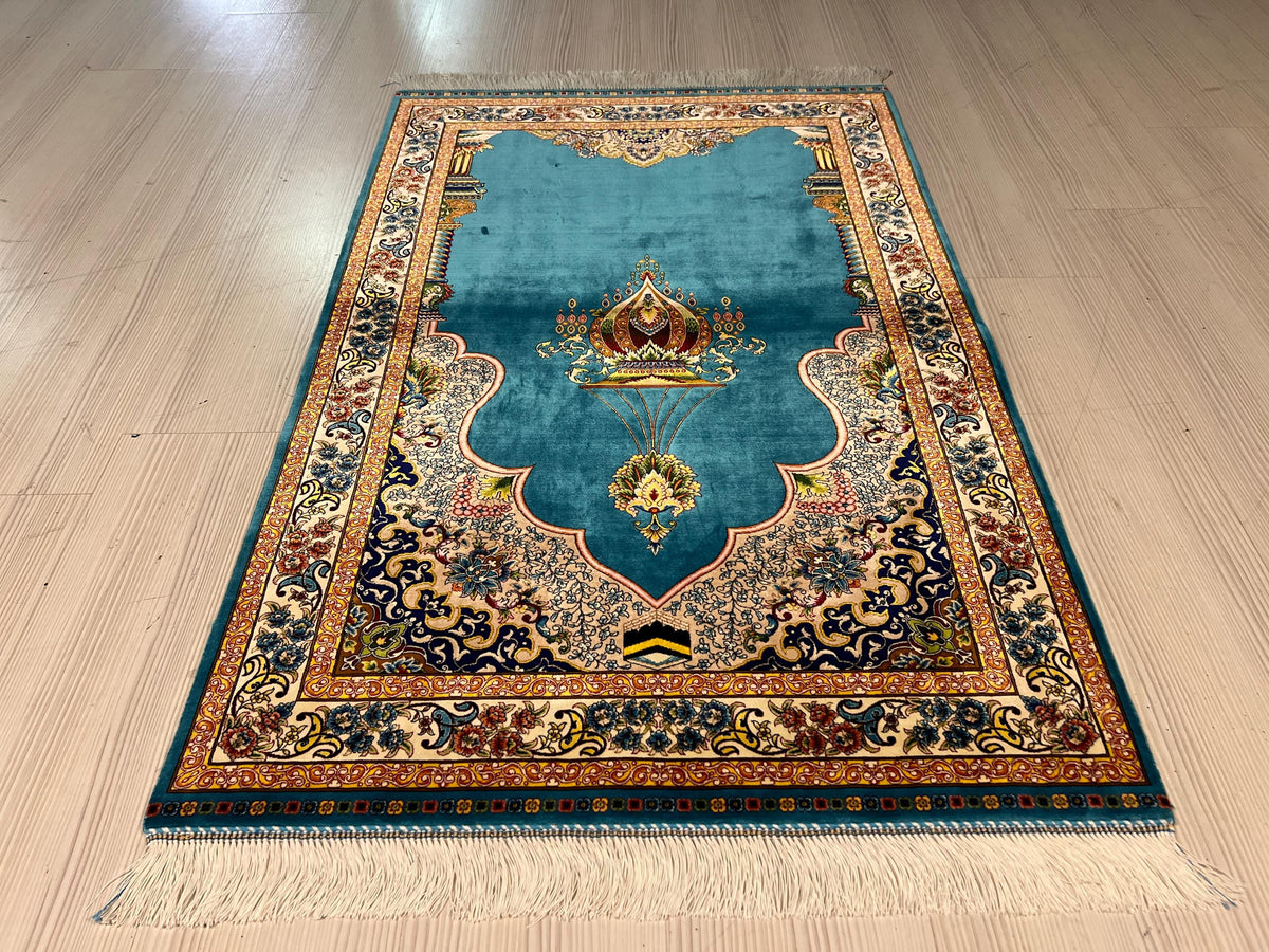 Turquoise Muslim Prayer Rug, Modal Silk Sajjadah, Ottoman Mihrab Prayer Mat