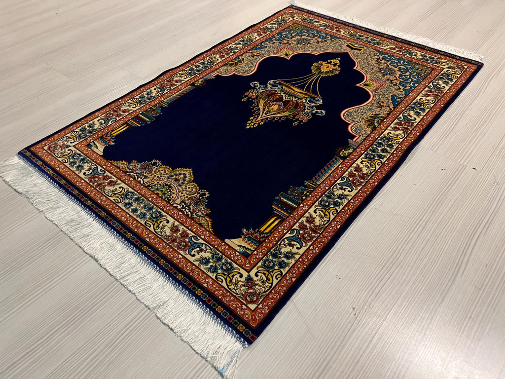 Dark Blue Silk Prayer Rug, Luxury Janamaz  Muslim Prayer Mat