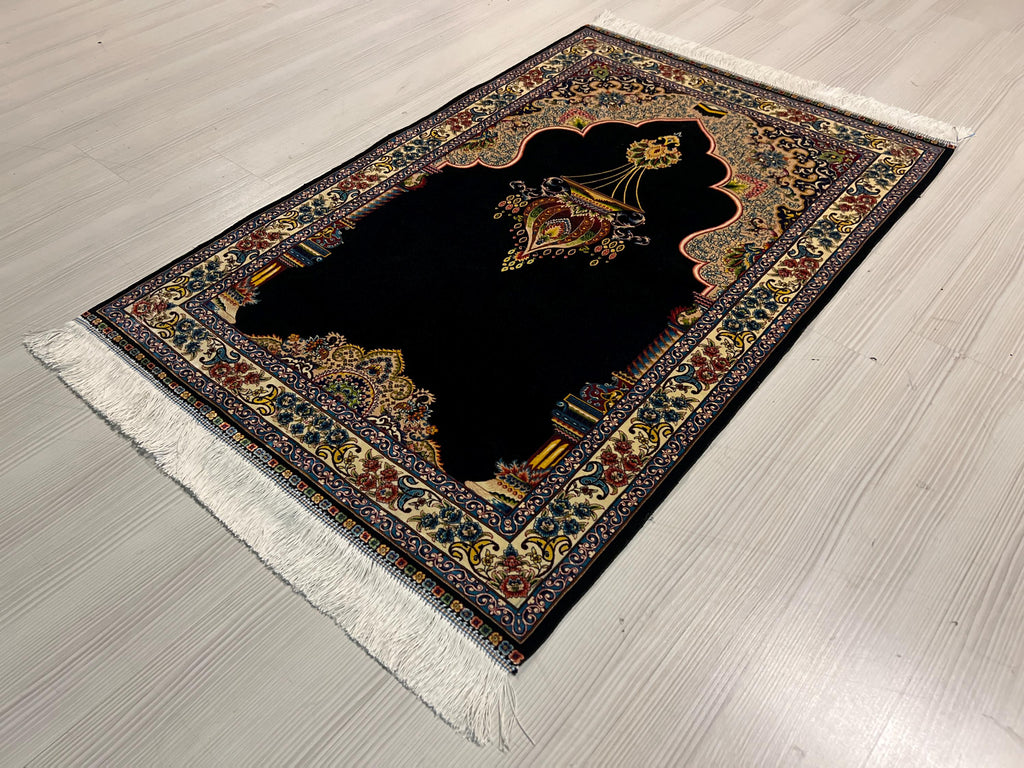 3x4 ft Navy Turkish Prayer Rug, Modal Silk Mihrab Accent Area Rug