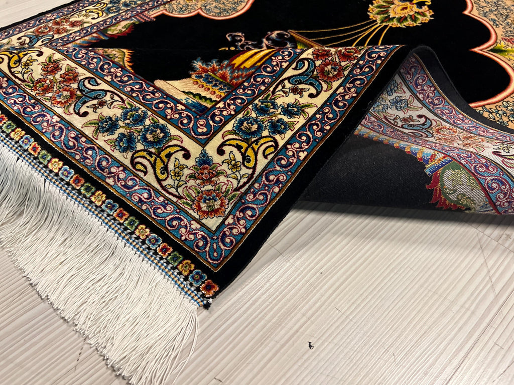 3x4 ft Navy Turkish Prayer Rug, Modal Silk Mihrab Accent Area Rug