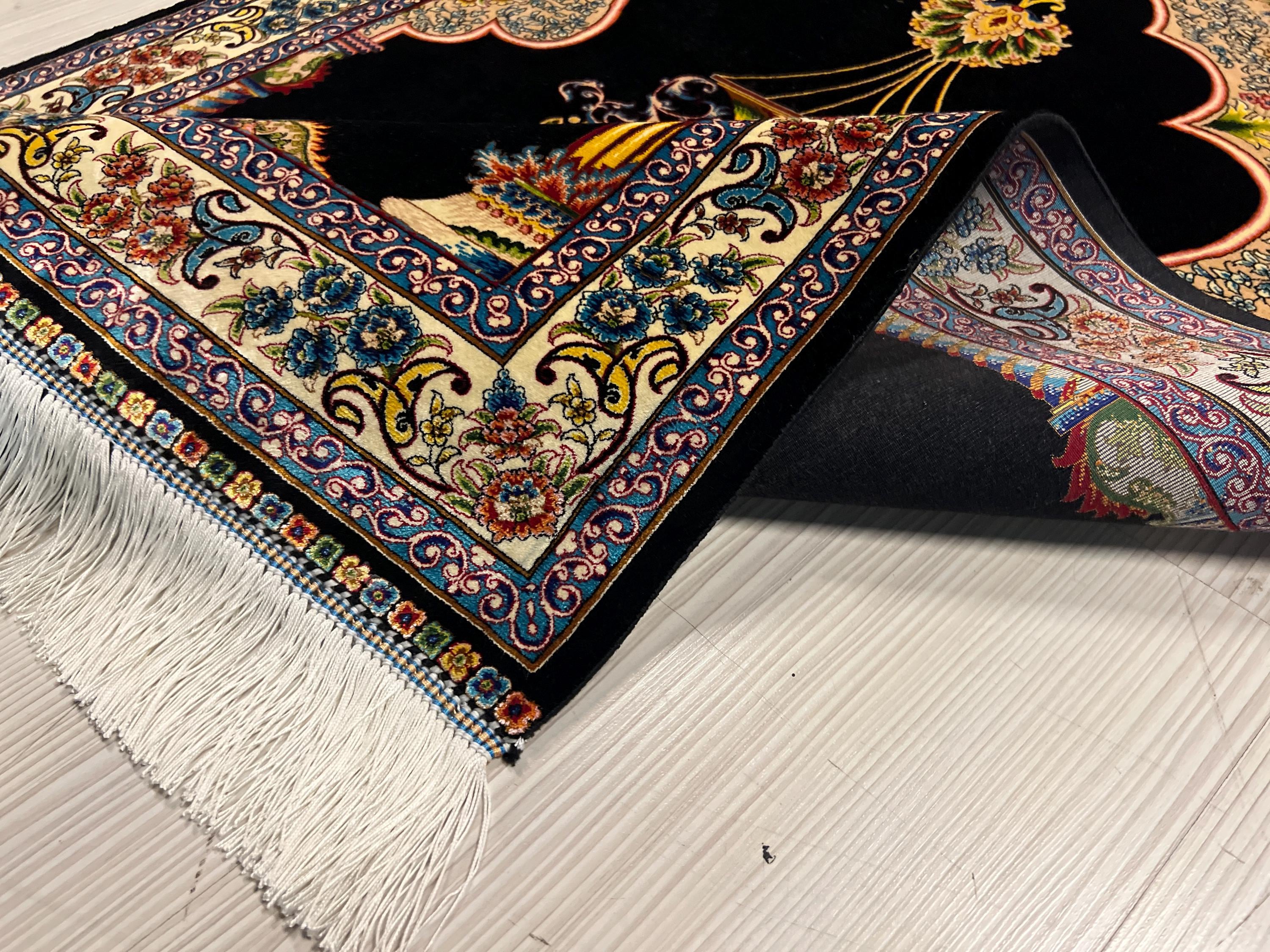 3x4 ft Navy Turkish Prayer Rug, Modal Silk Mihrab Accent Area Rug