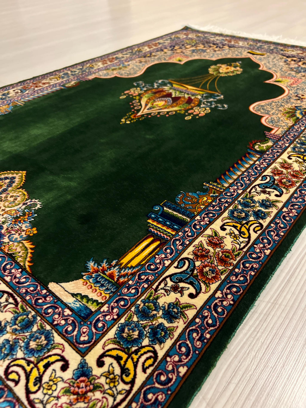 Green Floral Prayer Rug, Modal Silk Prayer Mat, Turkish Muslim Prayer Rug