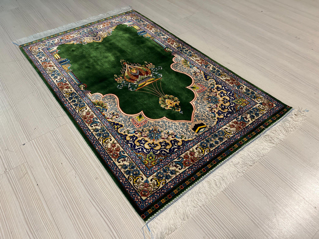 Green Floral Prayer Rug, Modal Silk Prayer Mat, Turkish Muslim Prayer Rug