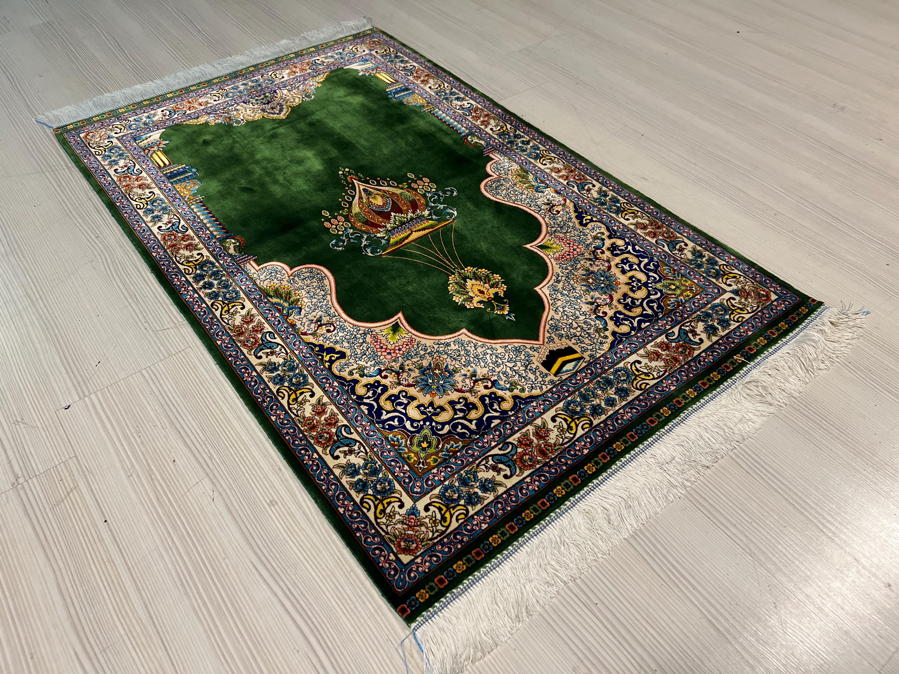 Green Floral Prayer Rug, Modal Silk Prayer Mat, Turkish Muslim Prayer Rug