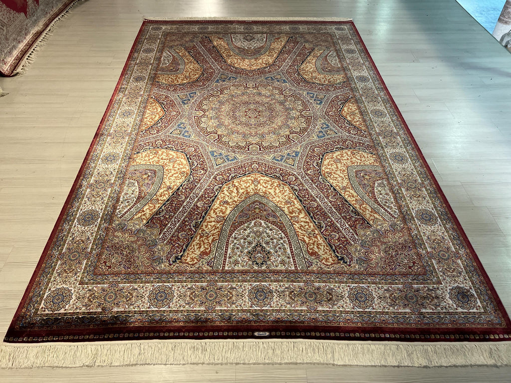 7x10 Beige Gold Silk Rug, Bordo Medallion Design Oriental Area Rug