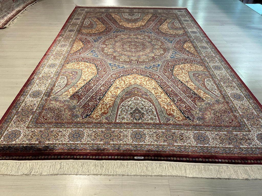 7x10 Beige Gold Silk Rug, Bordo Medallion Design Oriental Area Rug