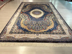 7x10 ft Large Bamboo Silk Area Rug, Navy Peacock Medallion Rug for Living Room