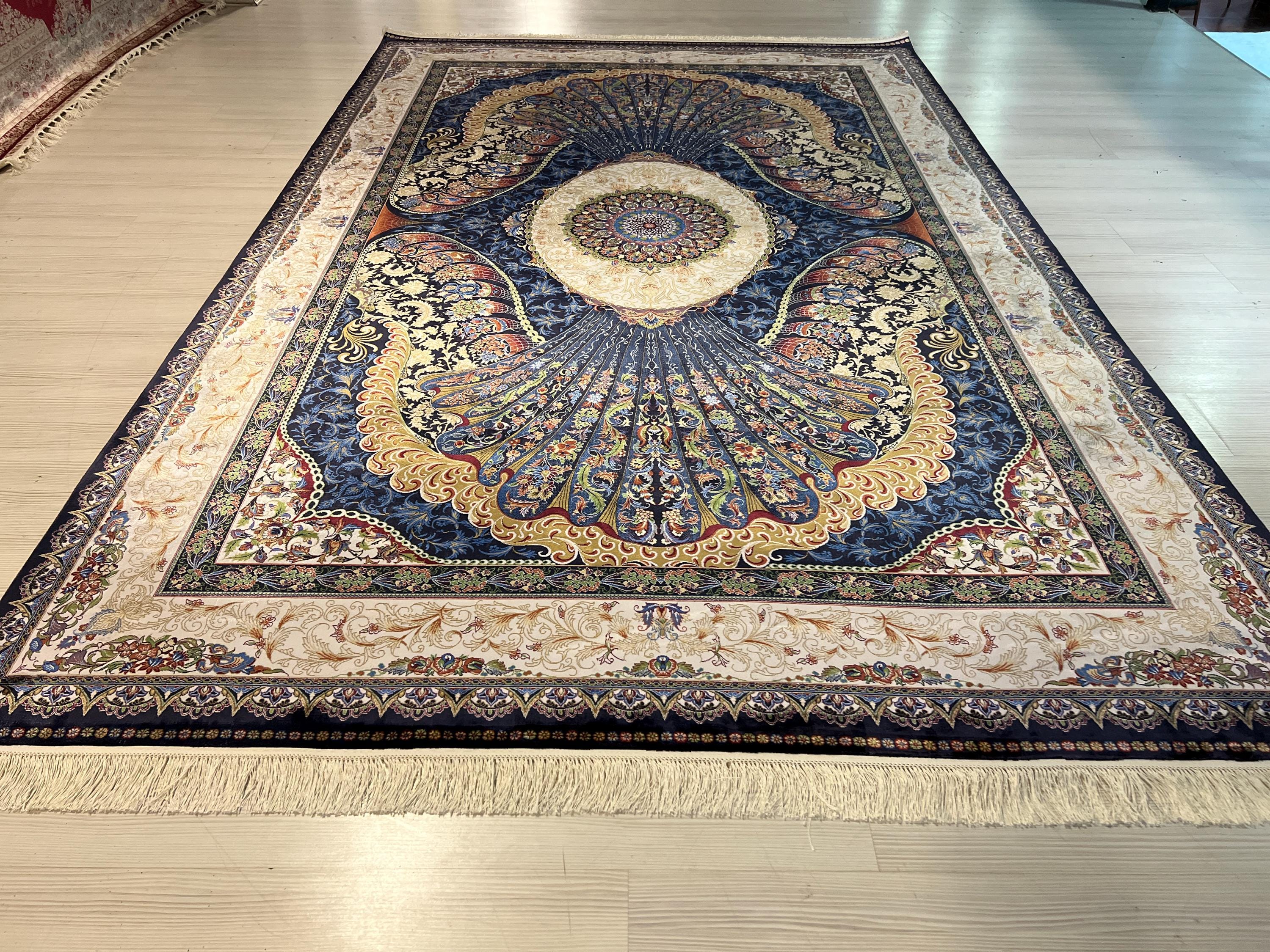 7x10 ft Large Bamboo Silk Area Rug, Navy Peacock Medallion Rug for Living Room