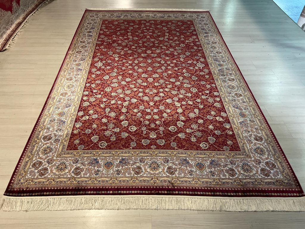7x10ft Bamboo Silk Rug, Red Allover Floral, Classic Turkish Oriental Area Rug