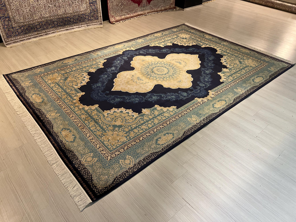 7x10 ft Navy Blue Modal Silk Rug, Luxury Turkish Oriental Carpet