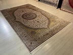 7x10 ft Gold Beige Silk Rug, Turkish Style Medallion Design  Modern Carpet