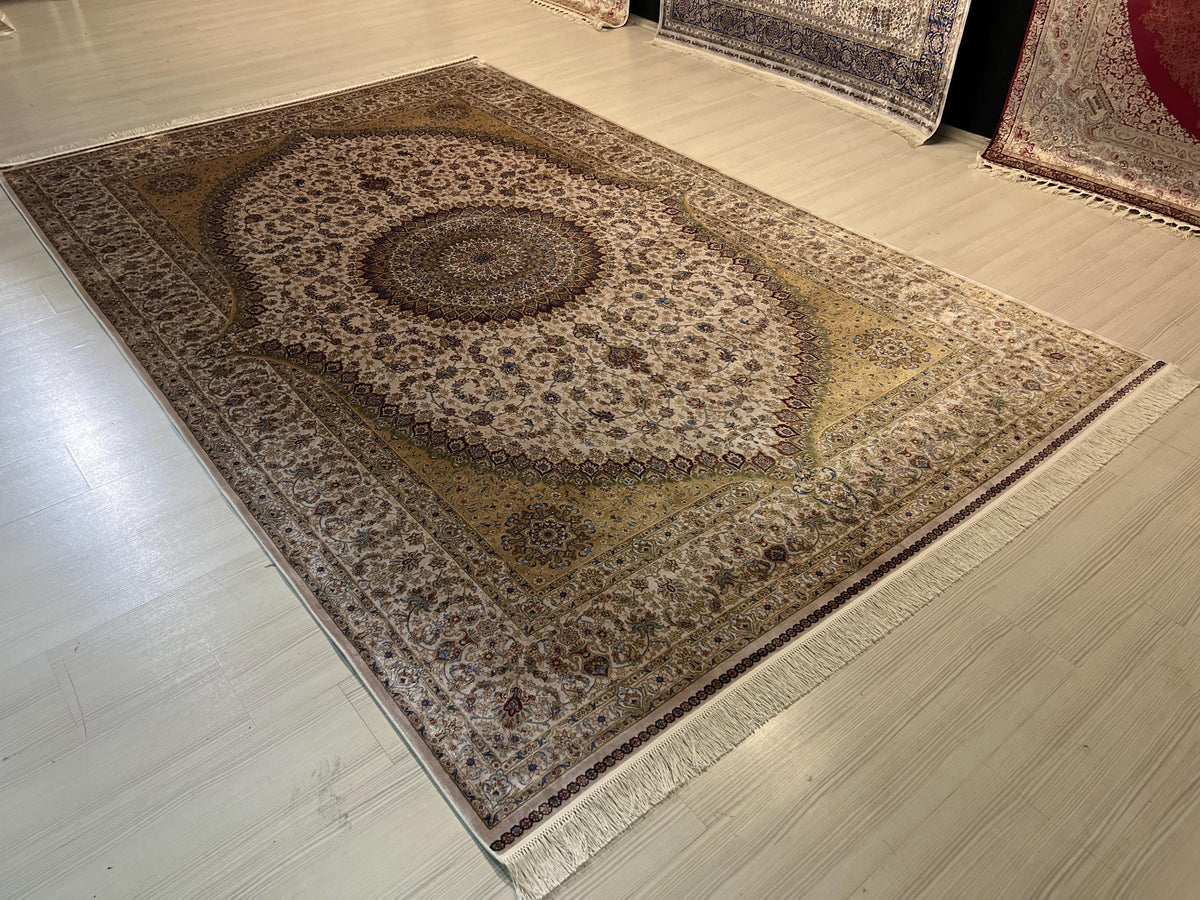7x10 ft Gold Beige Silk Rug, Turkish Style Medallion Design  Modern Carpet