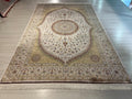 7x10 ft Gold Beige Silk Rug, Turkish Style Medallion Design  Modern Carpet