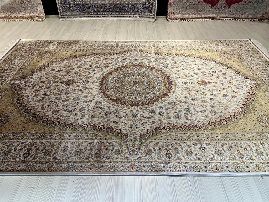 7x10 ft Gold Beige Silk Rug, Turkish Style Medallion Design  Modern Carpet