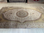7x10 ft Gold Beige Silk Rug, Turkish Style Medallion Design  Modern Carpet