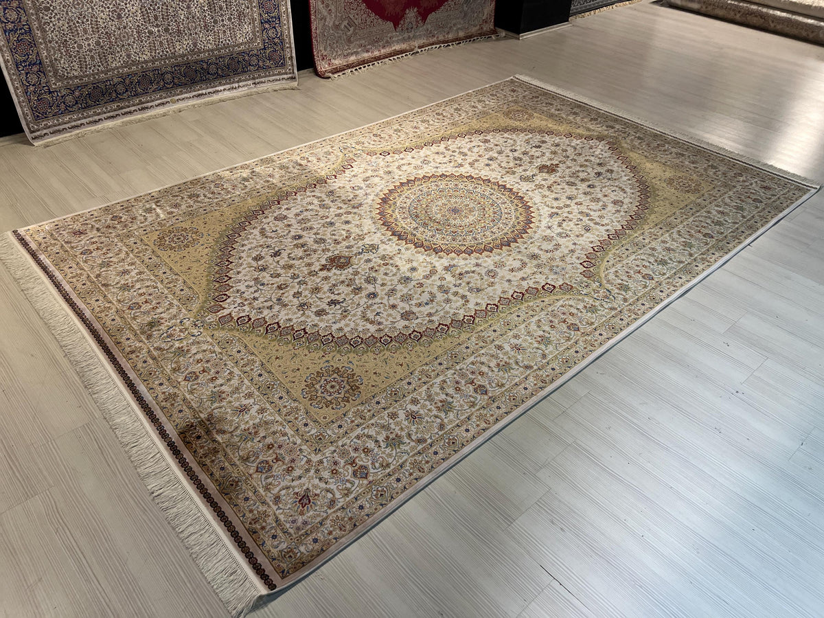 7x10 ft Gold Beige Silk Rug, Turkish Style Medallion Design  Modern Carpet