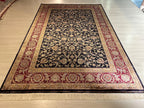 7x10 ft Navy Blue Burgundy Bamboo Silk Floral Rug,  Traditional Living Room Carpet