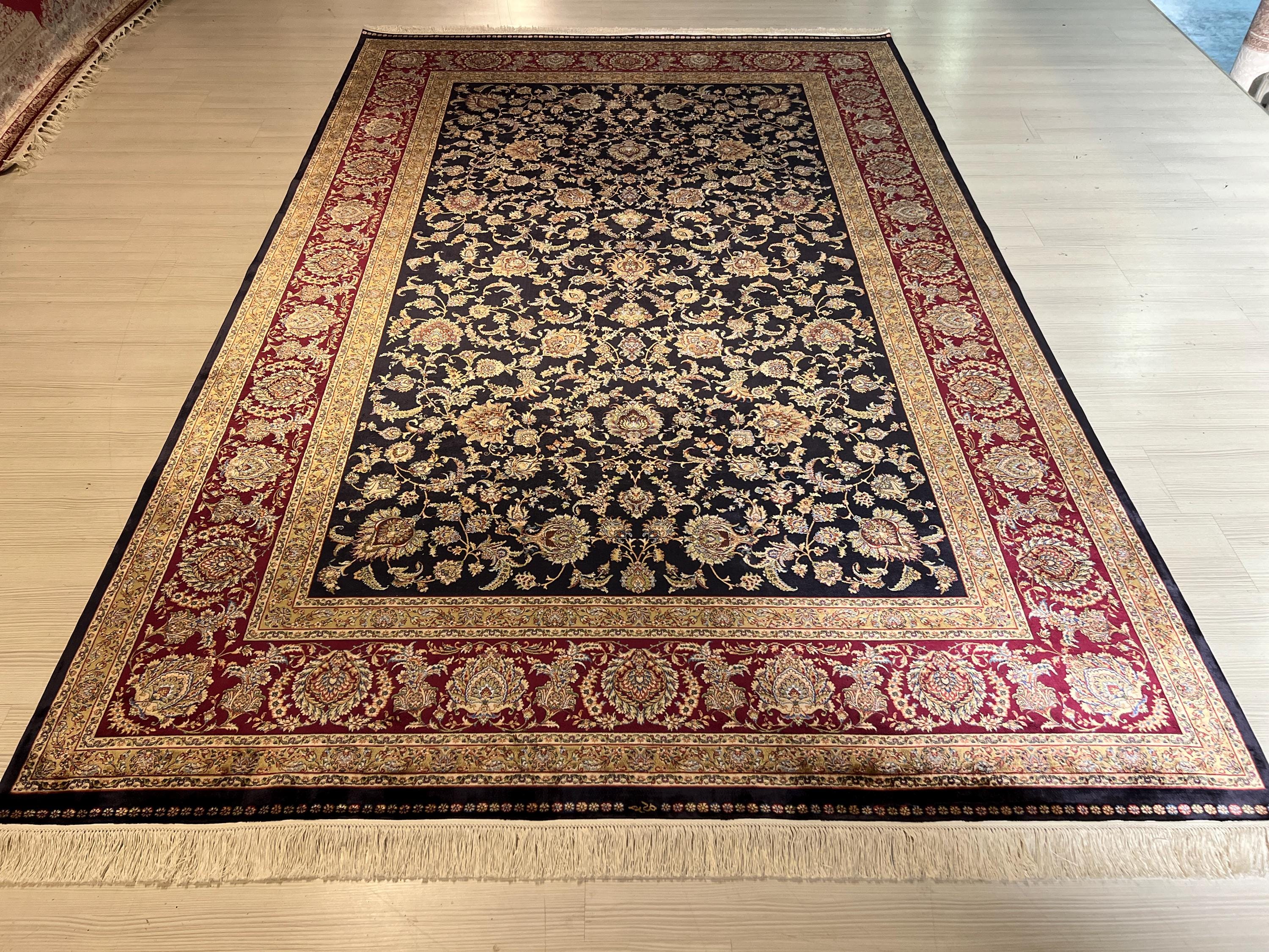 10x13 ft Navy Blue Turkish Modal Silk Rug , Classic Floral Luxury Area Rug