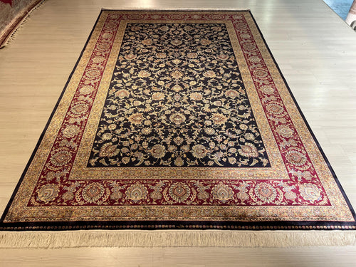 10x13 ft Navy Blue Turkish Modal Silk Rug , Classic Floral Luxury Area Rug
