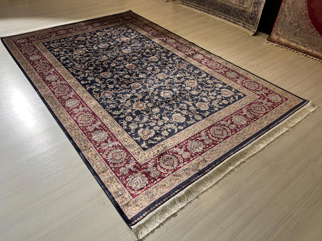 7x10 ft Navy Blue Burgundy Bamboo Silk Floral Rug,  Traditional Living Room Carpet