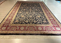 7x10 ft Navy Blue Burgundy Bamboo Silk Floral Rug,  Traditional Living Room Carpet