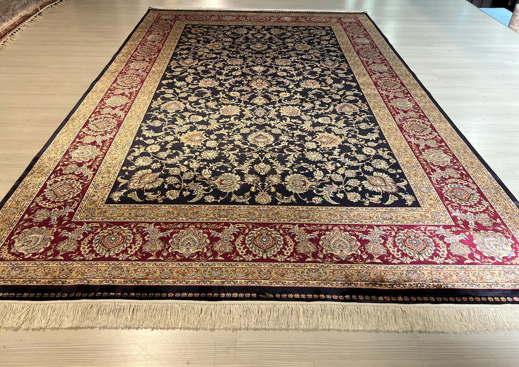 10x13 ft Navy Blue Turkish Modal Silk Rug , Classic Floral Luxury Area Rug