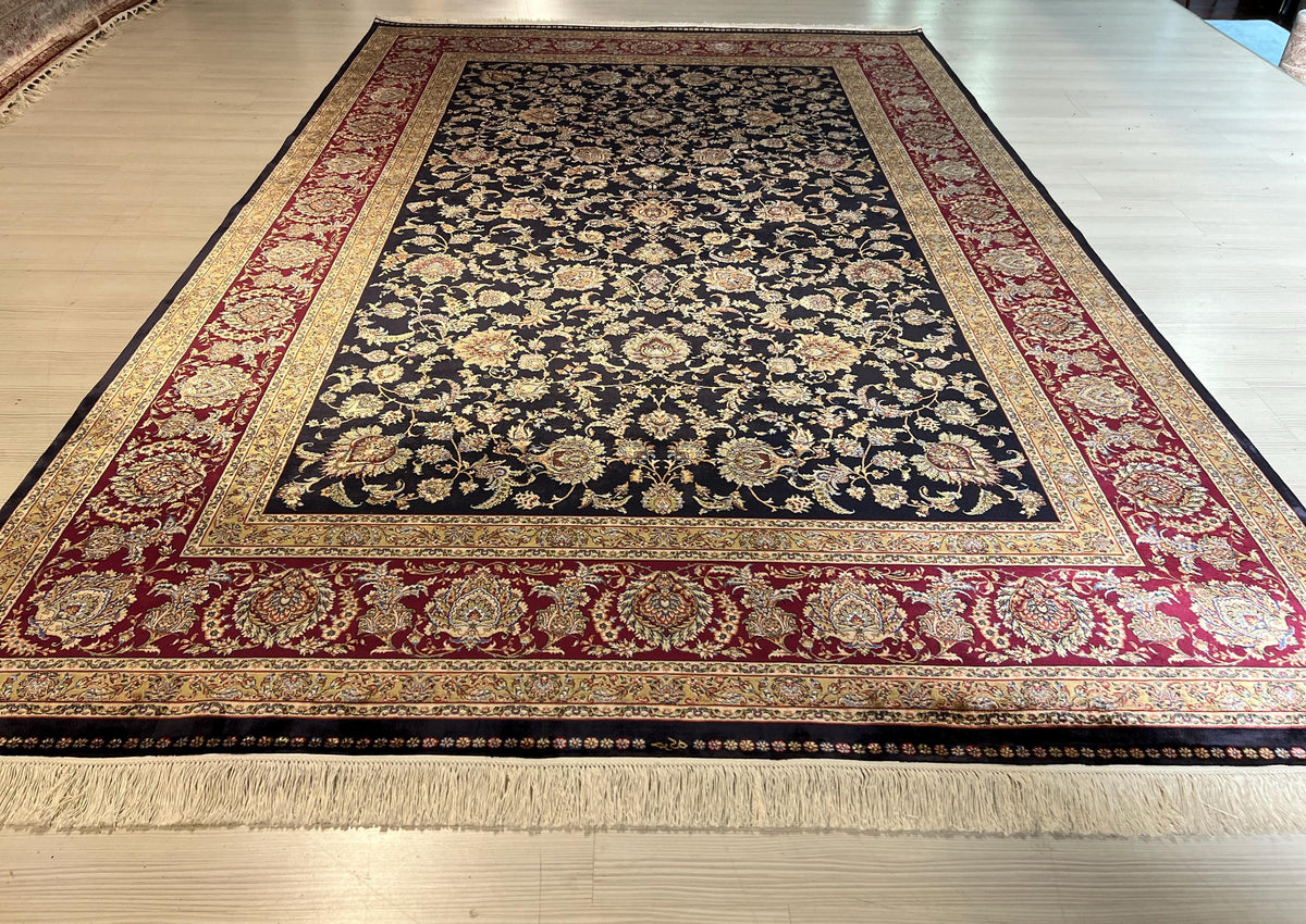 10x13 ft Navy Blue Turkish Modal Silk Rug , Classic Floral Luxury Area Rug