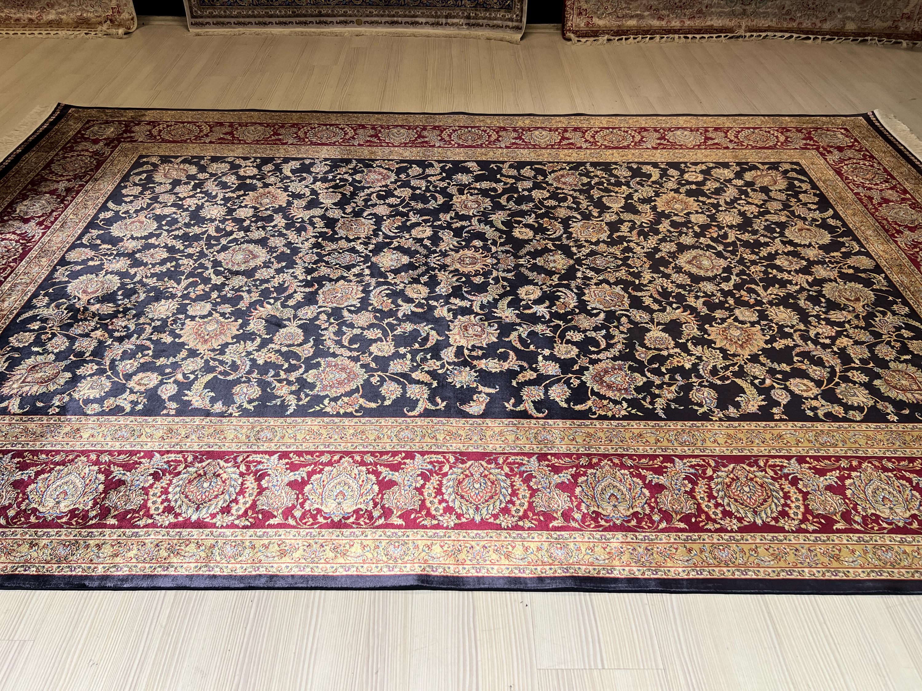 7x10 ft Navy Blue Burgundy Bamboo Silk Floral Rug,  Traditional Living Room Carpet