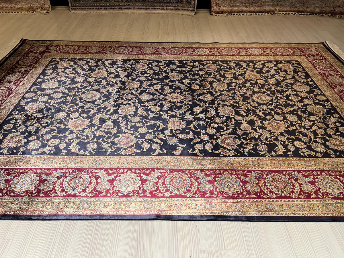 10x13 ft Navy Blue Turkish Modal Silk Rug , Classic Floral Luxury Area Rug