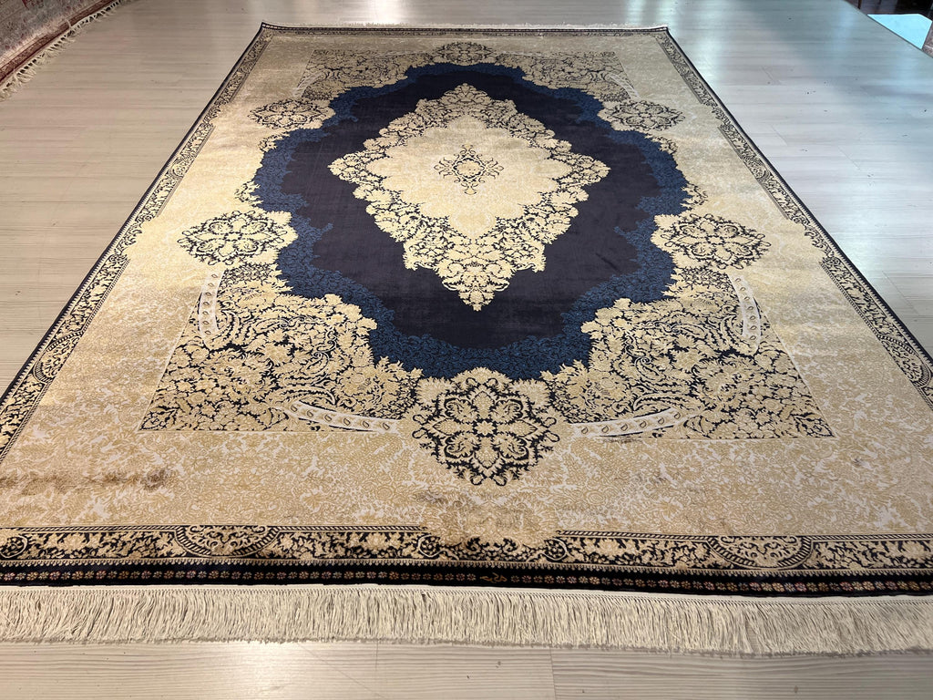 8x11 ft Navy Medallion Modal Silk Rug, Turkish Area Rug, Luxury Living Room Carpet