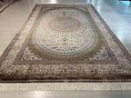 10x13 ft Turkish Modal Silk Rug, Cream Medallion Classic Luxury Area Rug