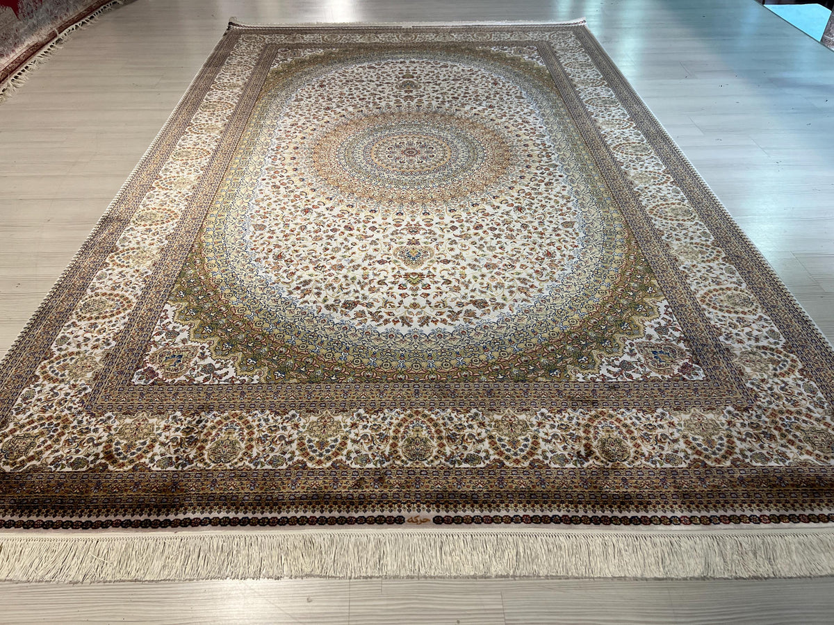 10x13 ft Turkish Modal Silk Rug, Cream Medallion Classic Luxury Area Rug