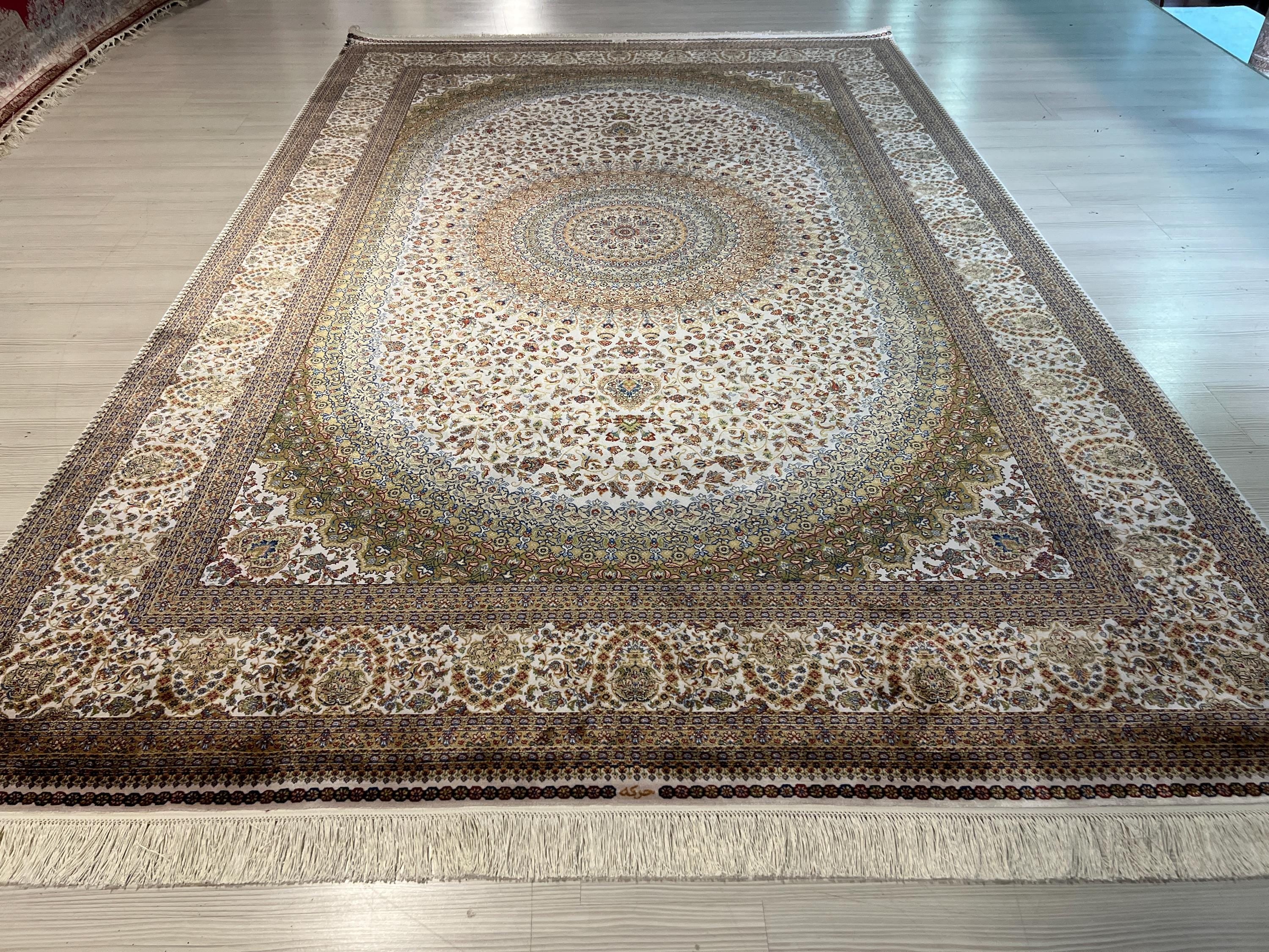 7x10 ft Beige Green Modal Silk Rug, Medallion Pattern Classic Rug