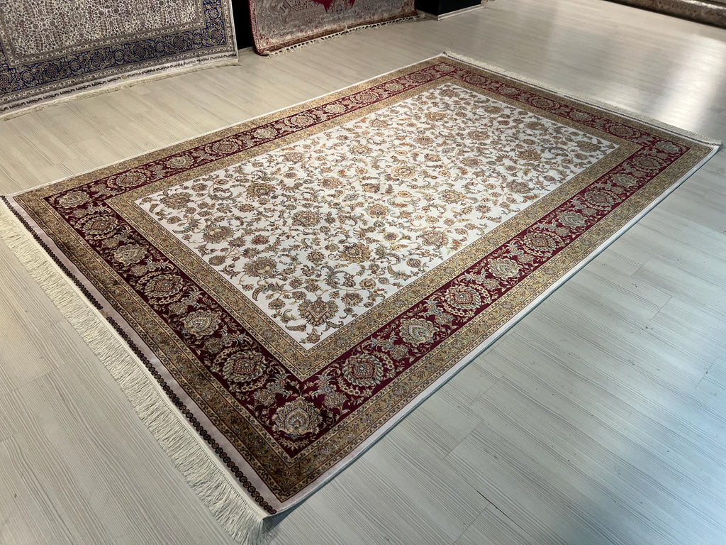 8x11 ft Ivory Red Floral Vine Modal Silk Rug, Large Traditional Area Rug