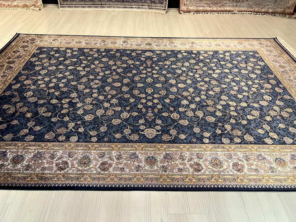 7x10 ft Dark Blue Floral Turkish Silk Rug, Luxury Home Decor
