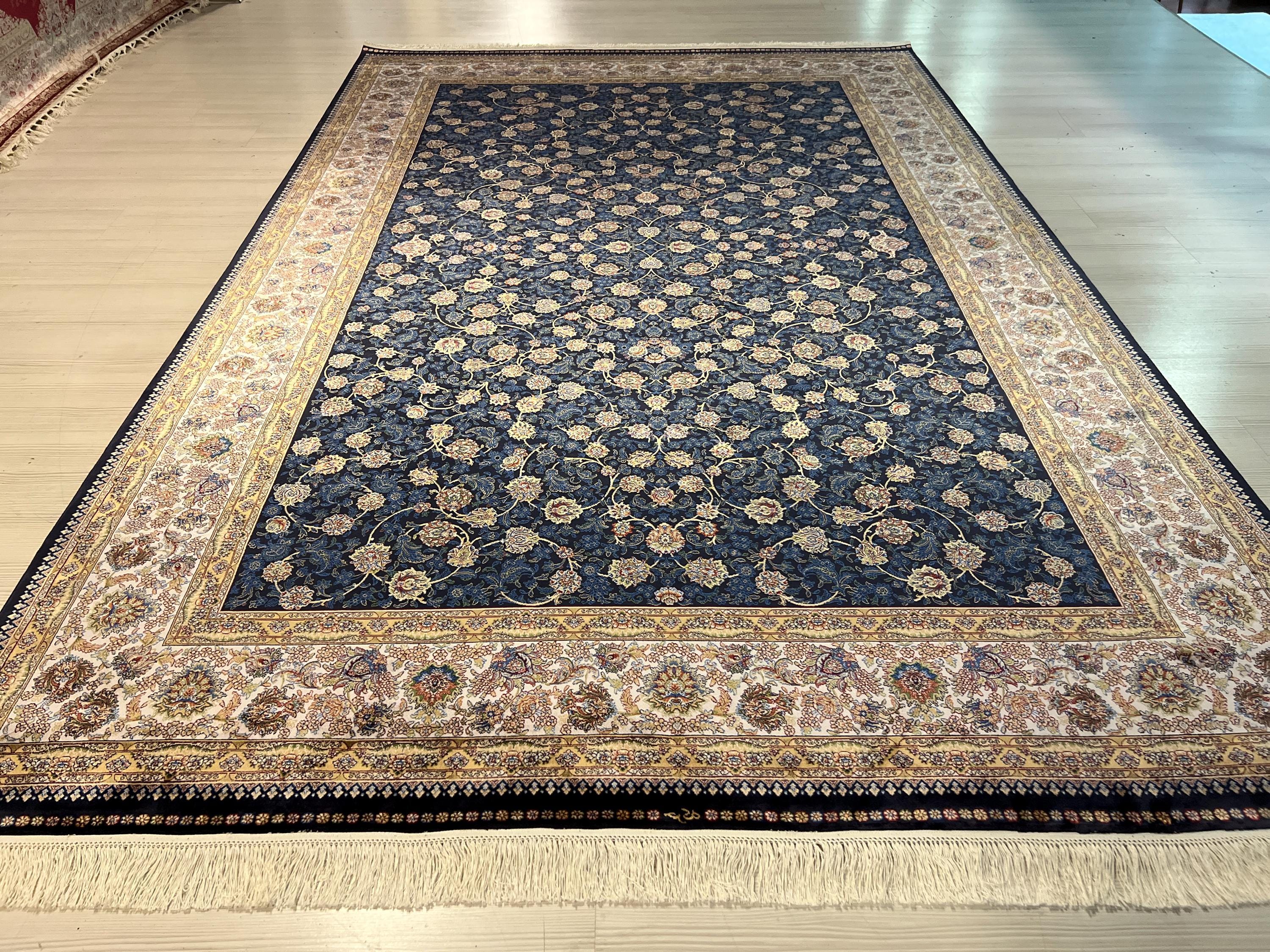 7x10 ft Dark Blue Floral Turkish Silk Rug, Luxury Home Decor