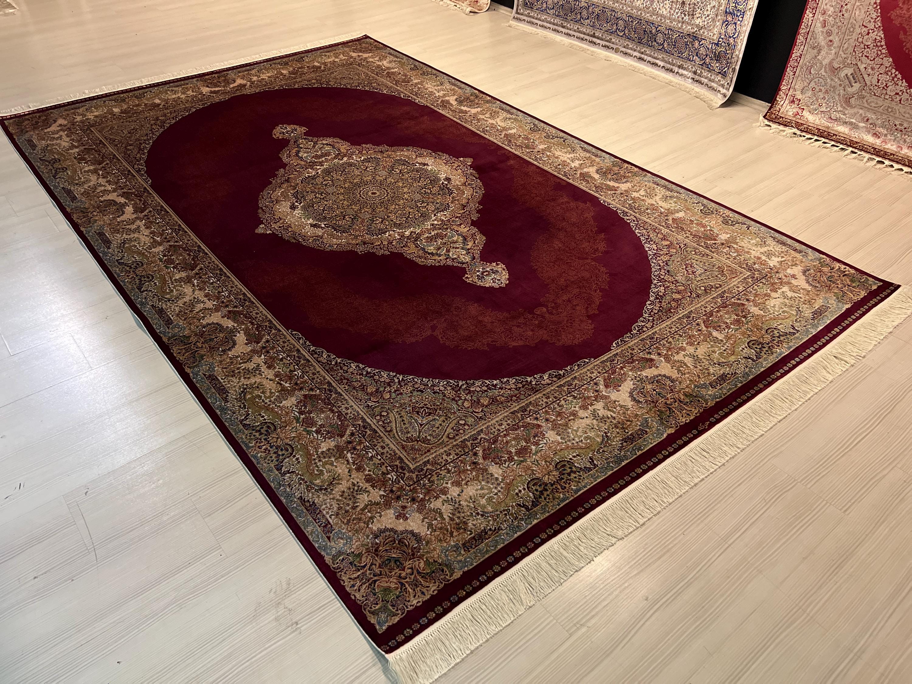 10x13 ft Large Red Modal Silk Rug, Turkish Medallion Carpet, Luxury Area Rug