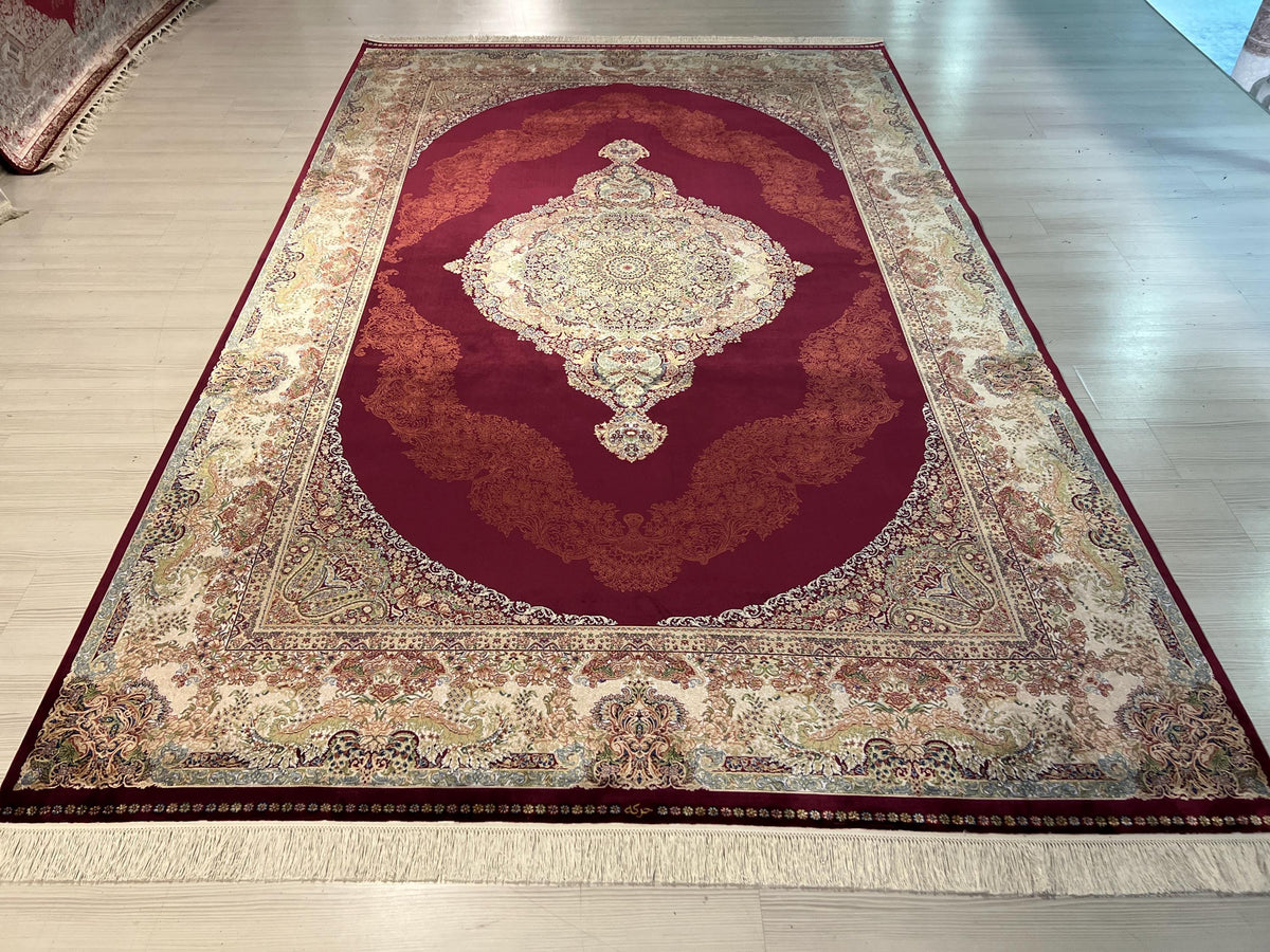 10x13 ft Large Red Modal Silk Rug, Turkish Medallion Carpet, Luxury Area Rug
